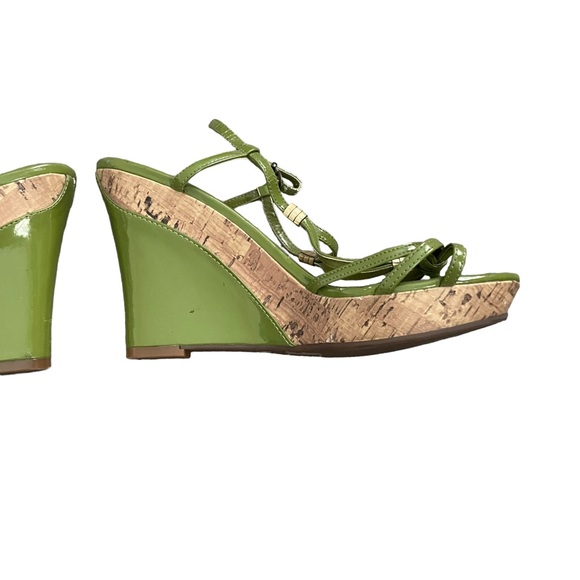 Ana Lime Green and Brown Color Block Summer Ankle Strap High Heel Wedge Sandals - Picture 6 of 15